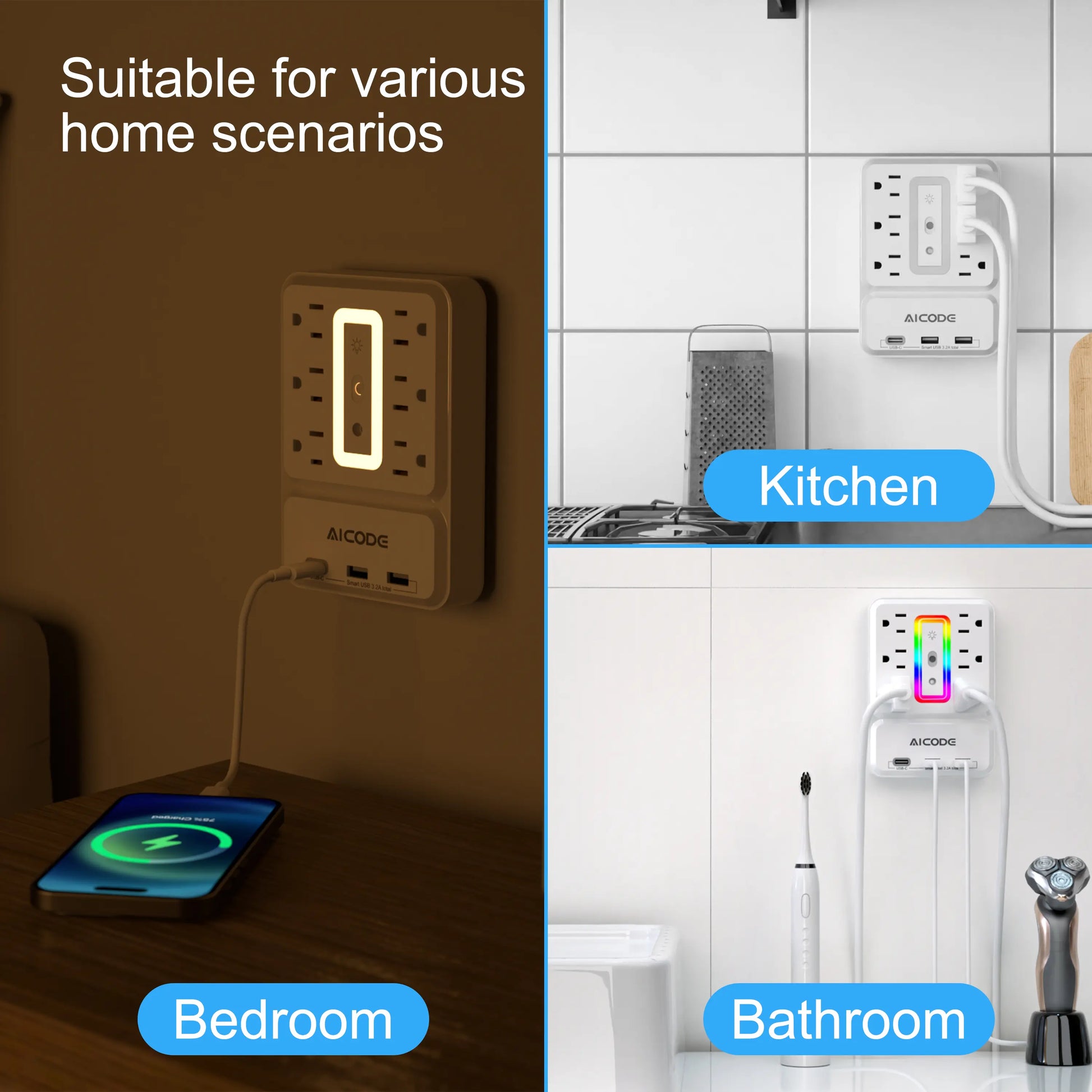 Outlet Extender with USB C, Multi Outlet Surge Protector with Nightlight, 6 Outlet Wall Plug with USB (3 USB a & 1 USB C), Wall Mount Multiple Plug Outlet Power Strip for Home, Dorm, Office