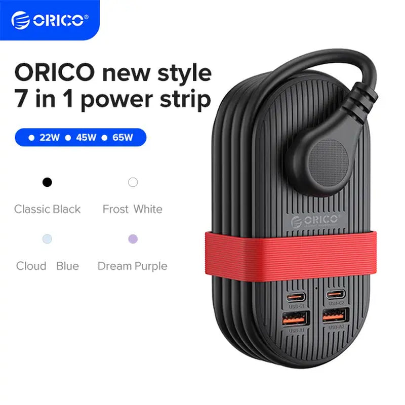 ORICO 7-In-1 Travel Power Strip - 65W Fast Charging with 2 Outlets & 4 USB Ports - Perfect Compact Multi-Device Charger for Cruises & Dorms - Ideal Mother's Day Gift