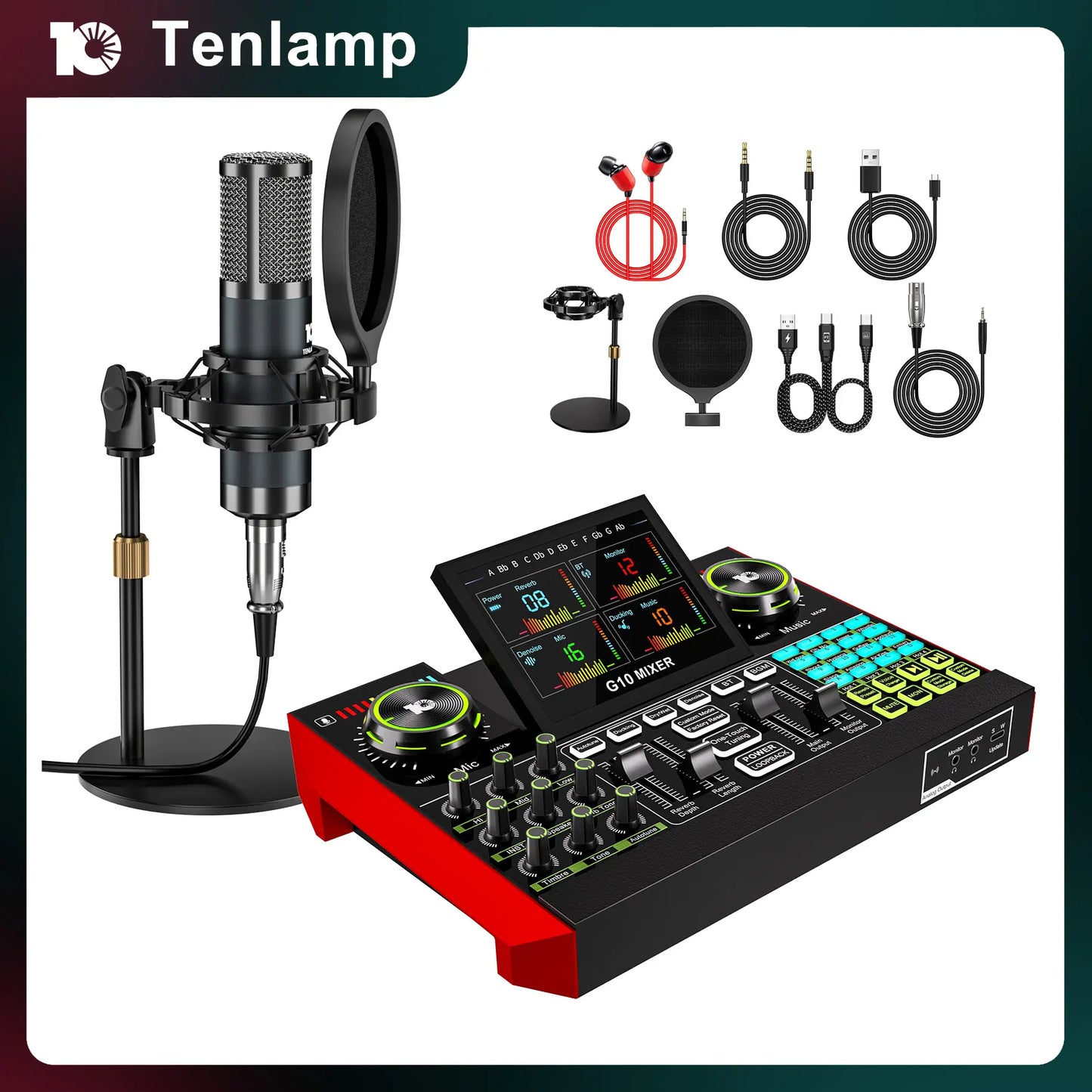 AY LIVE P15 Tenlamp G10-P15 Professional Sound Card Kit with Custom Sound Effects and Condenser Microphone for Live Streaming, Gaming, Vocals, Podcasting, Featuring 2-Stage Noise Cancellation and Computer Audio Mixer (Available as Single Card or Bundle)