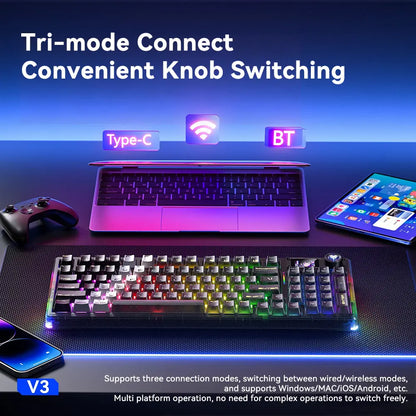 AULA F98 Pro V3 White Transparent Full-Size Illuminated RGB Backlighting Gaming Keyboard with Number Pad, 10000Mah Battery, TFT Smart Screen & Knob, Tri-Mode Bluetooth/2.4G/Usb-C, Hot Swappable Gasket, Wireless Mechanical, Keyboards, Gaming Keyboards