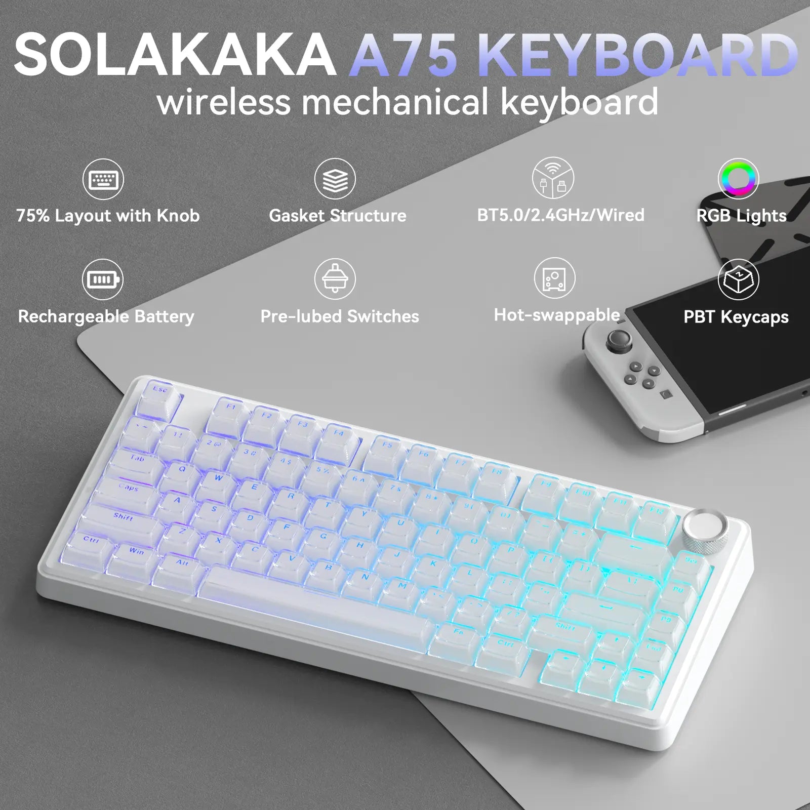 [New]Solakaka A75 Crystal White Wireless Keyboard, Cute RGB 75% Mechanical Keyboard, Tri-Mode Bluetooth/2.4G/Usb-C, Creamy Caramel Latte Linear Switch, Hot Swappable Aesthetic Keyboard for PC Mac Laptop,Back to School,Back to School Shopping