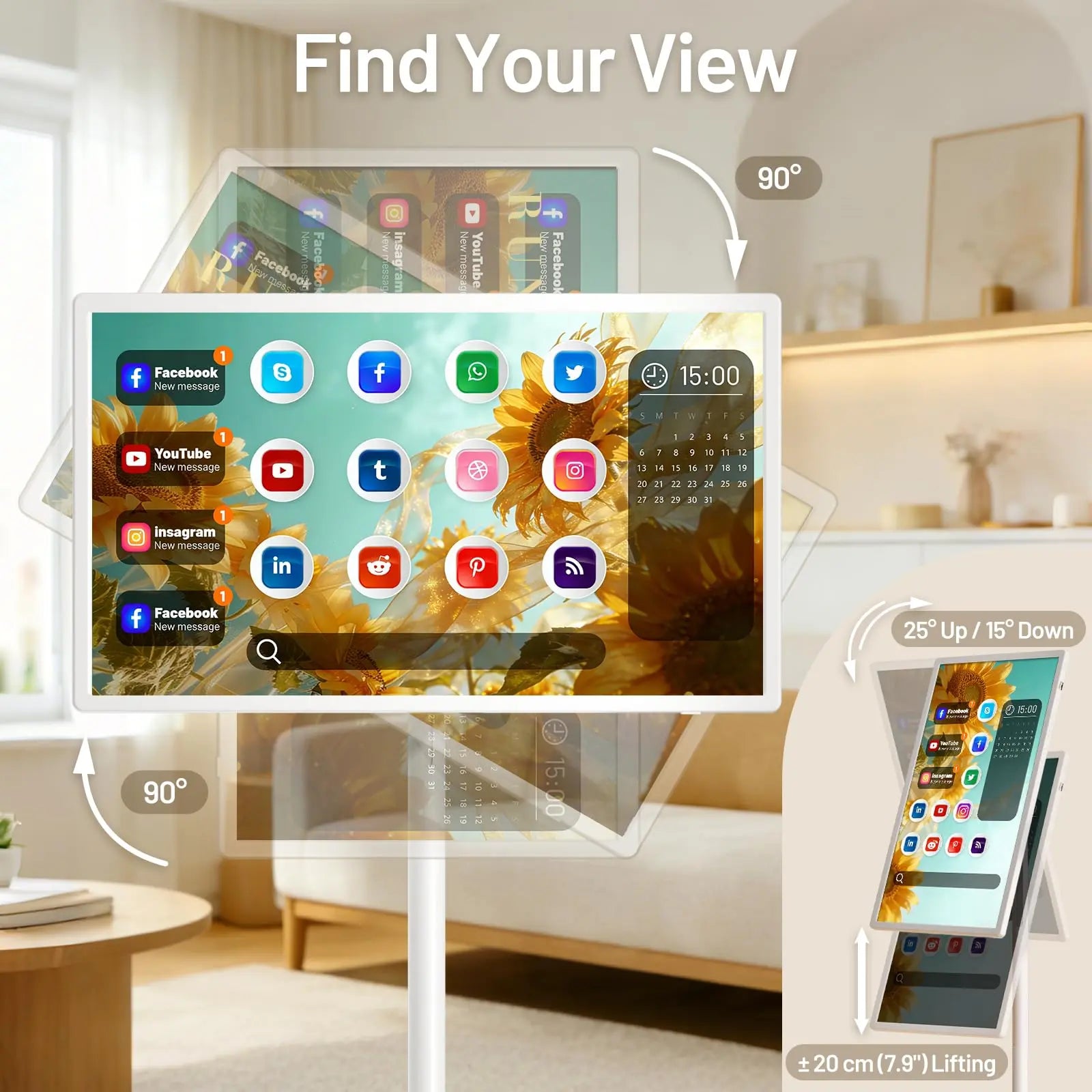 KEFEYA 32-Inch Portable Smart TV - 1080P Full HD Touch Screen, Rechargeable Android 15, 8G RAM, 128G Storage, 360° Swivel, All-Day Battery, Perfect for Backyard Gatherings & Video Playback!