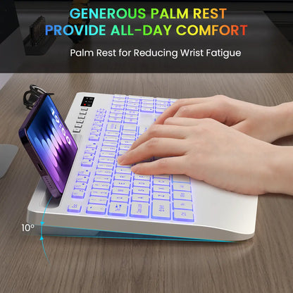Ergonomic Wireless Keyboard with Rechargeable Battery, 7-Color Backlighting, Wrist Rest, and Phone Stand, Featuring Silent Light Keys