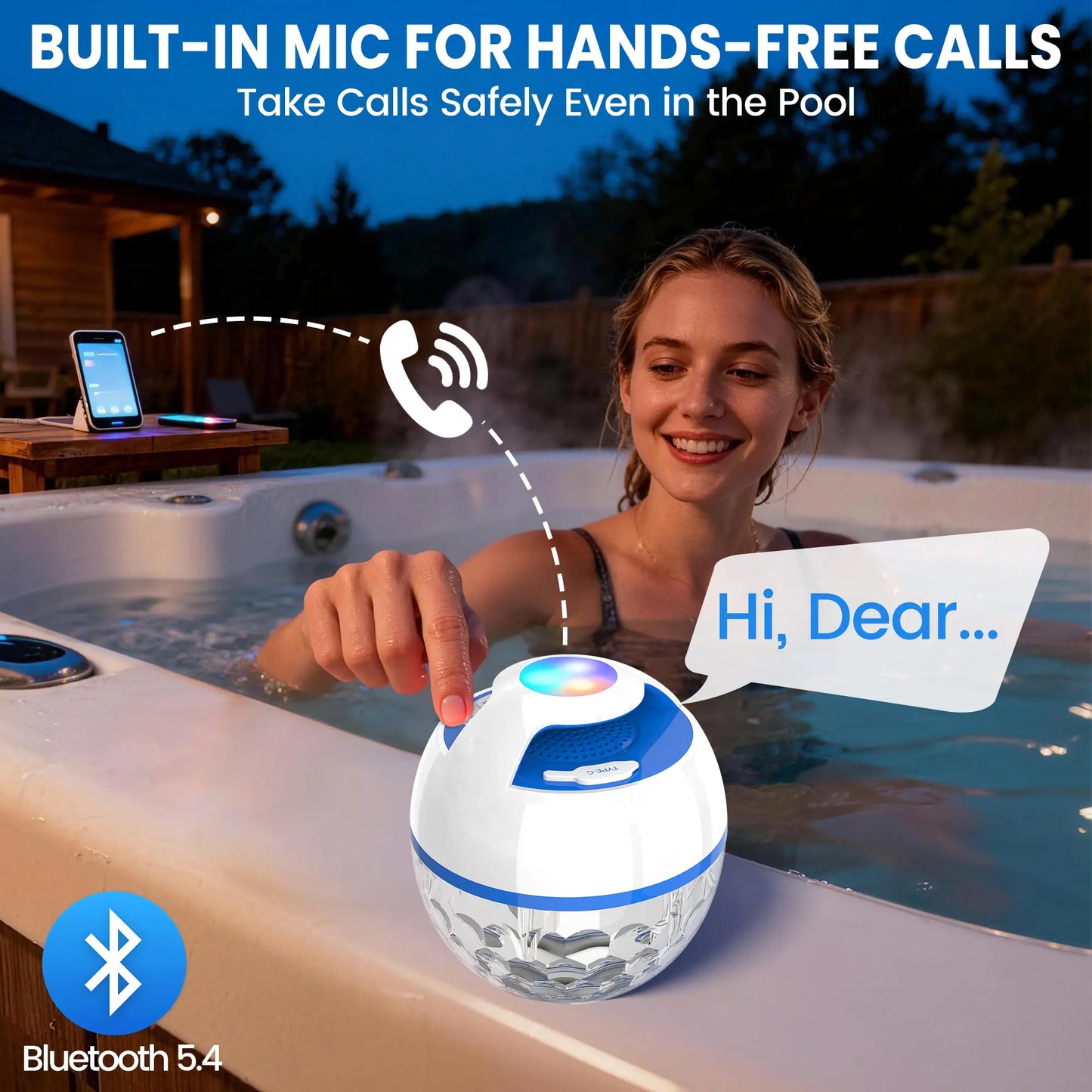 White 2-In-1 IP68 Waterproof Floating Bluetooth Speaker - Colorful LED Light, 360° Surround Stereo Audios, Hands-Free Portable Wireless Speaker with Charging & Connection Support for Pool, Hot Tub, Bass Speakers