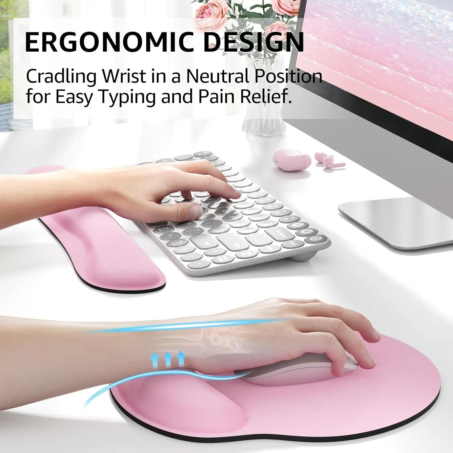 KTRIO Ergonomic Keyboard Wrist Rest and Mouse Pad with Wrist Rest Set, Memory Foam Wrist Support for Typing, Gaming, Office and Home Use, Pale Pink