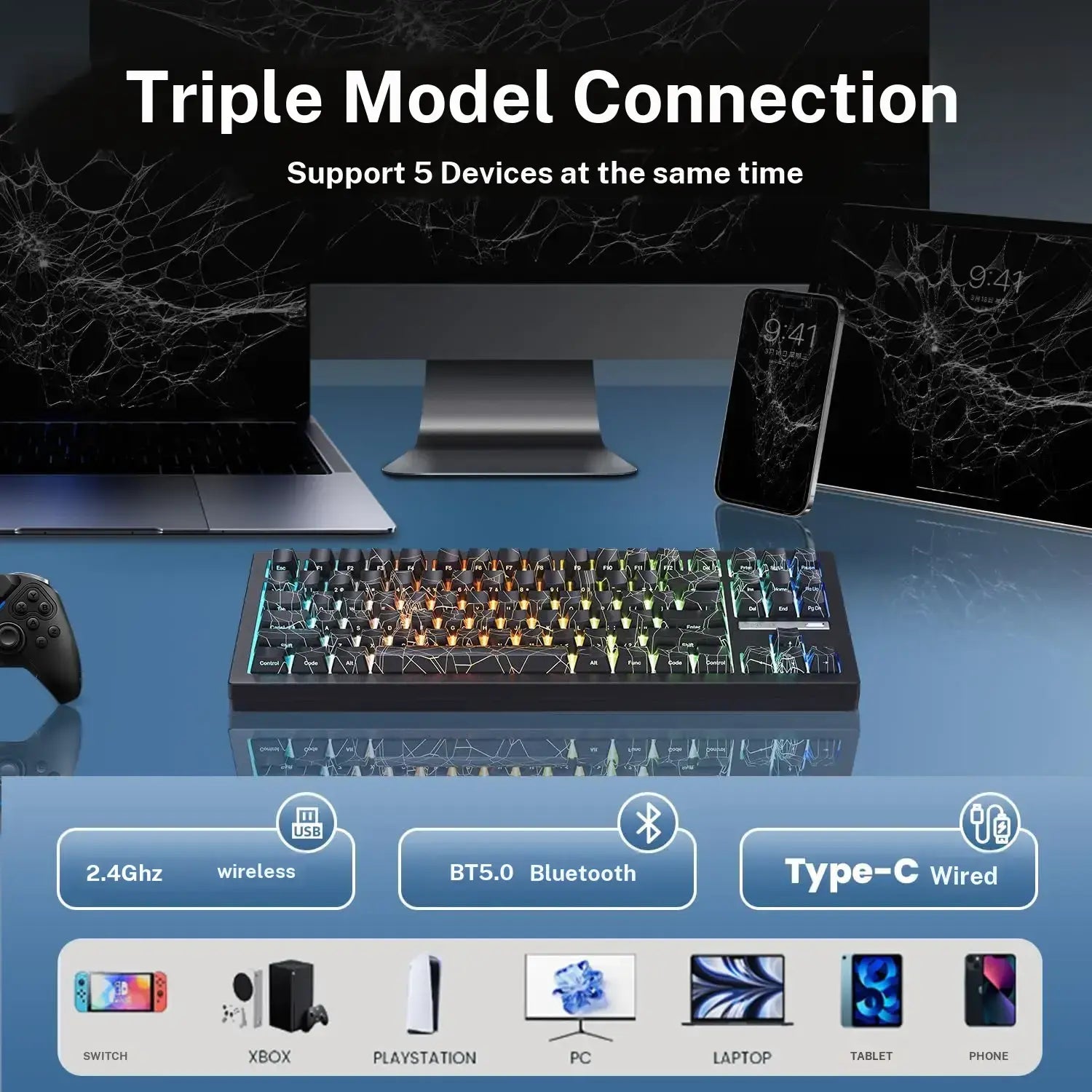 ZORNHER ZH870 80% BT5.0 Wireless Mechanical Creamy Keyboard, Hot Swappable Linear Switches, RGB Lighting, 2.4Ghz/Usb C Connectivity, Spider Web IMD PC Keycaps, Keyboards for Gaming, Gaming PC Accessories Color Backlight Keyboard Computer Game Hardware Tik