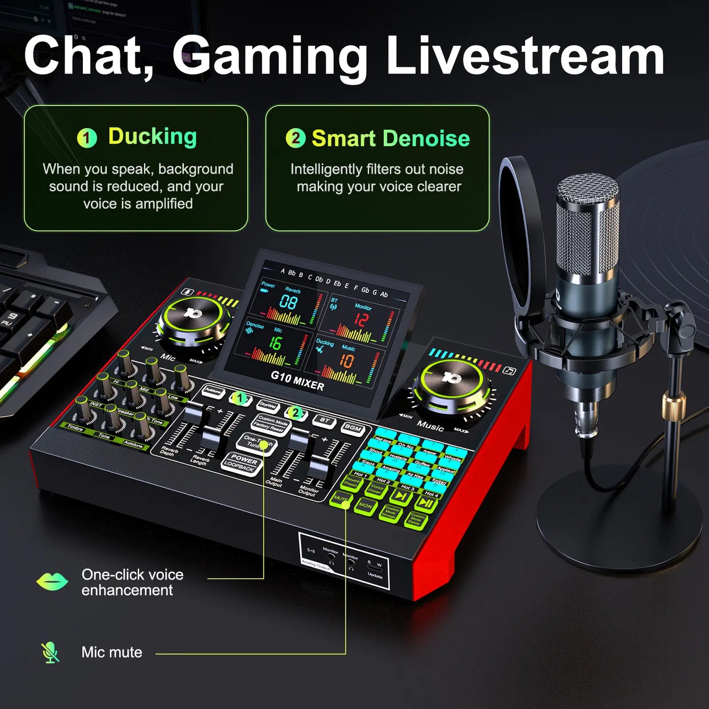 AY LIVE P15 Tenlamp G10-P15 Professional Sound Card Kit with Custom Sound Effects and Condenser Microphone for Live Streaming, Gaming, Vocals, Podcasting, Featuring 2-Stage Noise Cancellation and Computer Audio Mixer (Available as Single Card or Bundle)