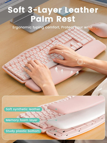 Wireless Keyboard and Mouse Combo, SABLUTE MA41 30Db Quiet Ergonomic Wave Keyboard Set with Soft Leather Palm Rest, Dual-System Switch for Windows/Mac, Ideal for Business Teams Home Office,Back to School,Back to School Haul