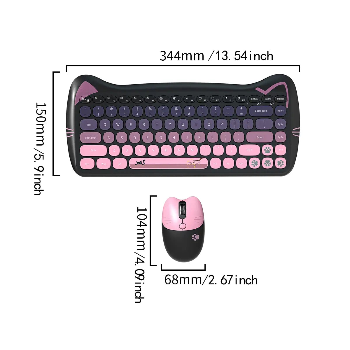 Mofii Adorable Cat-Themed Wireless Keyboard and Mouse Set - Ergonomic Design, Ambidextrous, US QWERTY, Optical Tracking