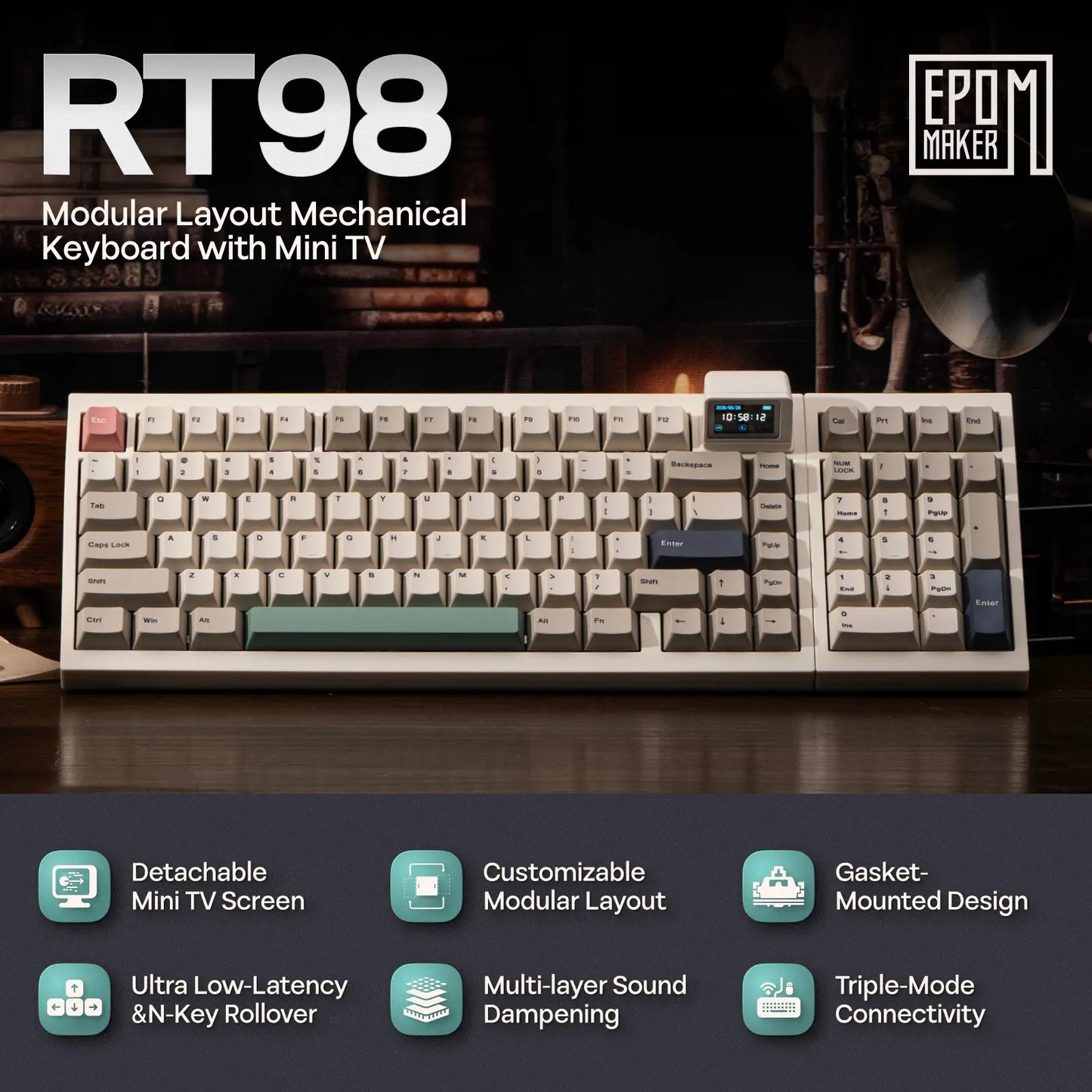 EPOMAKER RT98 Creative Modular Retro Gaming Keyboard with Detachable Mini TV Hot Swap Tri-Mode BT/2.4G/USB-C Custom Driver RGB Backlit PBT Keycap for Win/Mac Computers & Office Equipment Keyboards Creamy Keyboard Back to School Shopping, Pbt Keycaps, Deta