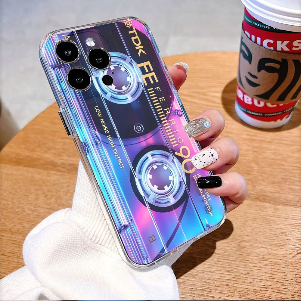 Phone Case: Neon Glow TDK Cassette-Style Transparent TPU Soft Silicone Case, Compatible with Iphone 17/15/16/14/13/12/11 Pro Max plus and 12/13 Mini; Made of TPU, This Case Offers Drop, Shock, and Scratch Protection.