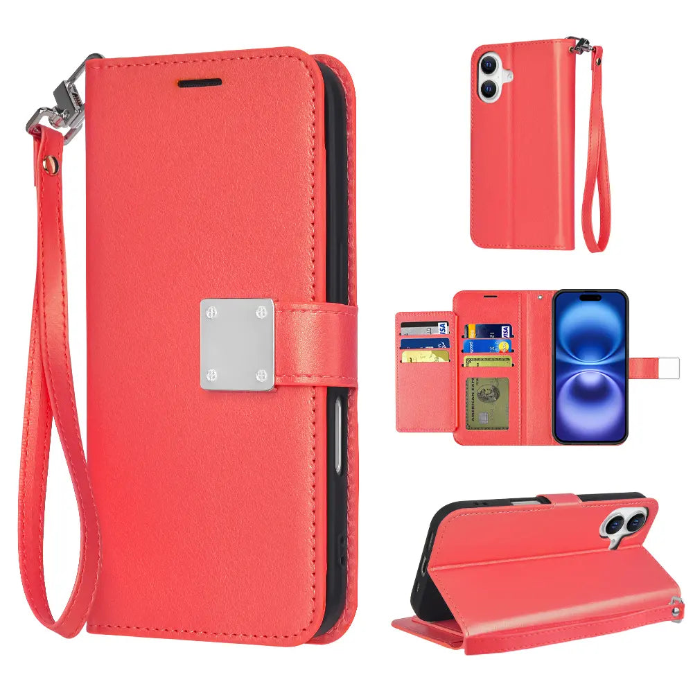 Premium Synthetic Leather Bi-Fold Wallet Case with Strap for Apple iPhone 16 - Stylish Credit Card Holder and Stand