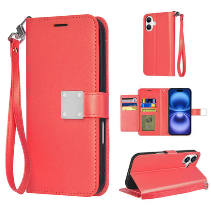 Premium Synthetic Leather Bi-Fold Wallet Case with Strap for Apple iPhone 16 - Stylish Credit Card Holder and Stand