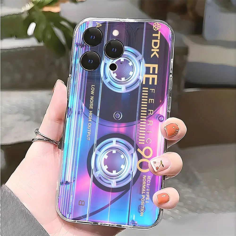 Phone Case: Neon Glow TDK Cassette-Style Transparent TPU Soft Silicone Case, Compatible with Iphone 17/15/16/14/13/12/11 Pro Max plus and 12/13 Mini; Made of TPU, This Case Offers Drop, Shock, and Scratch Protection.