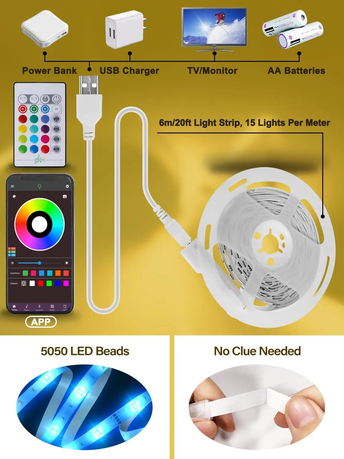 RGB LED TV Backlight Strip, 20Ft Adjustable & Vibrant RGB Lighting for 32-80 Inch Tvs, Music Sync Color Changing, Usb-Powered with Remote & App Control, Adjustable Rgb Lighting