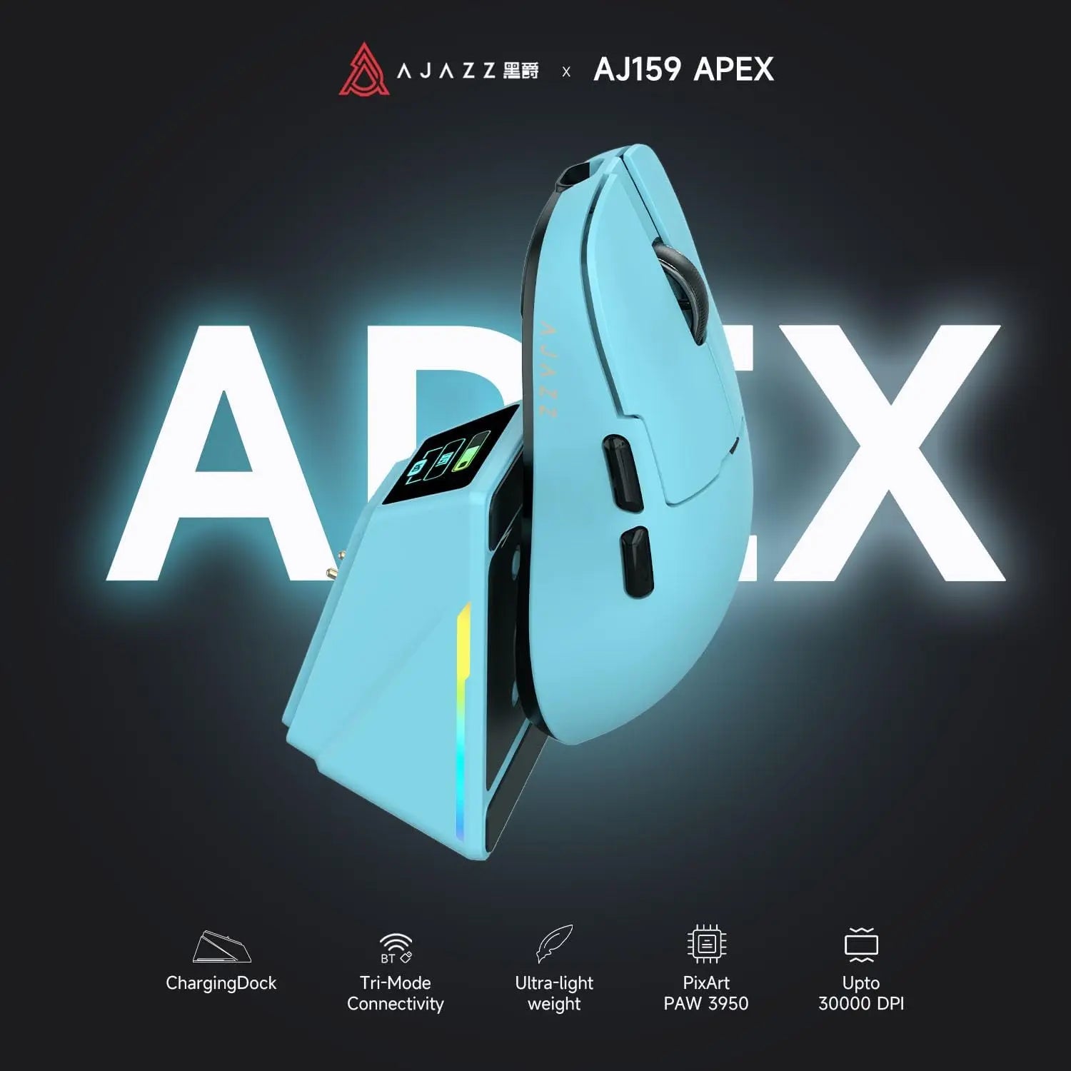 Ajazz AJ159 APEX Wireless Gaming Mouse, PC Accessory, 56G Ultra-Lightweight Ambidextrous Design, PAW3950 Sensor, Tri-Mode Connectivity, 32000 DPI, TFT Color Screen Charging Dock, Tft Screen,Back to School,Back to School Haul