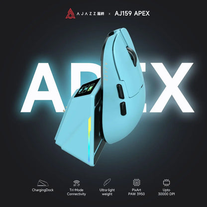 Ajazz AJ159 APEX Wireless Gaming Mouse, PC Accessory, 56G Ultra-Lightweight Ambidextrous Design, PAW3950 Sensor, Tri-Mode Connectivity, 32000 DPI, TFT Color Screen Charging Dock, Tft Screen,Back to School,Back to School Haul
