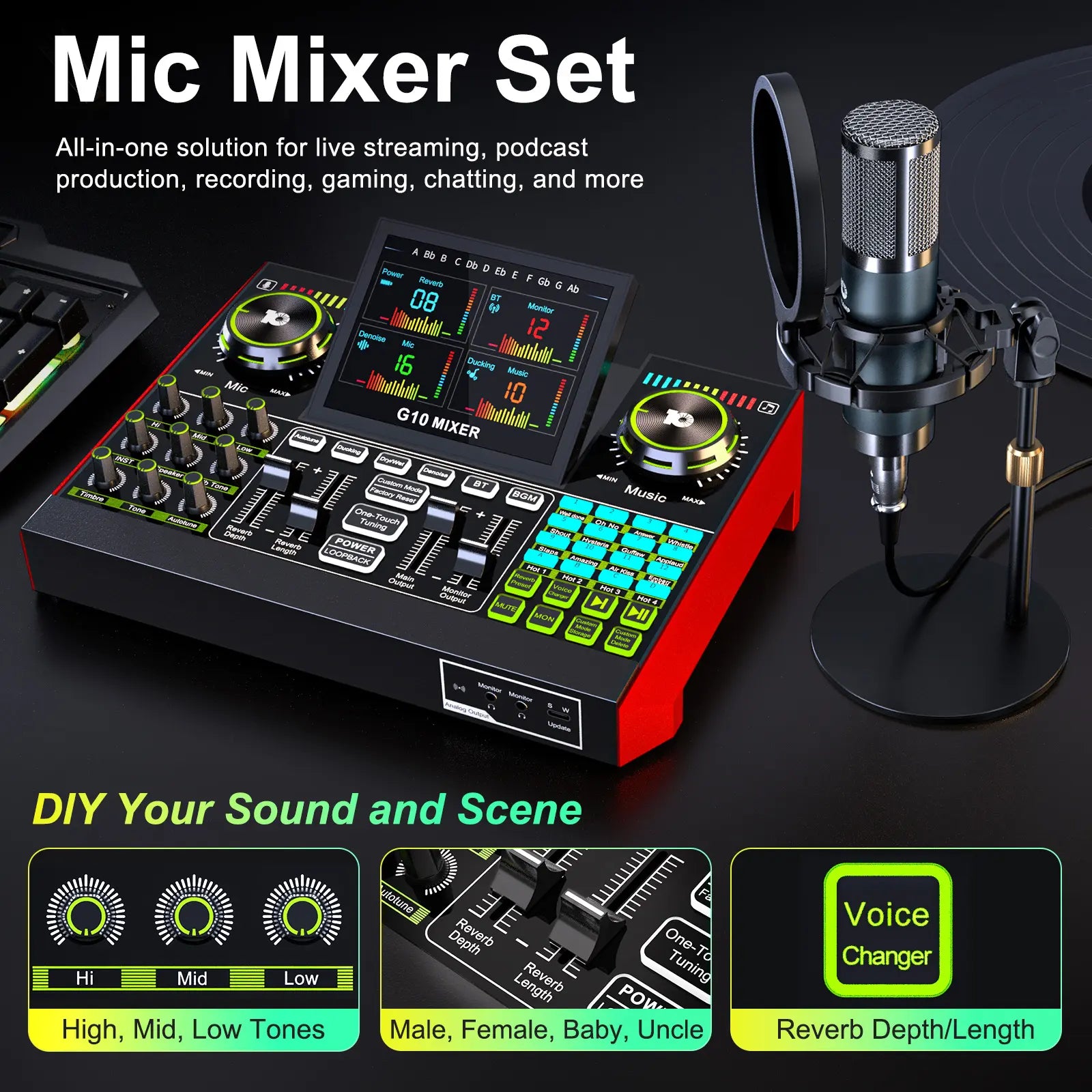 AY LIVE P15 Tenlamp G10-P15 Professional Sound Card Kit with Custom Sound Effects and Condenser Microphone for Live Streaming, Gaming, Vocals, Podcasting, Featuring 2-Stage Noise Cancellation and Computer Audio Mixer (Available as Single Card or Bundle)