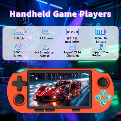 YLW ANS16 Handheld Retro Gaming Console, 4.5-Inch Lps Screen Gaming Console, Wireless Mini Portable Gaming Console, Built-In 64GB Memory Card, Gift Gaming Console, Gaming Peripherals with 16,000+ Games and 14+ Emulators, Pocket Game Player Rechargeable
