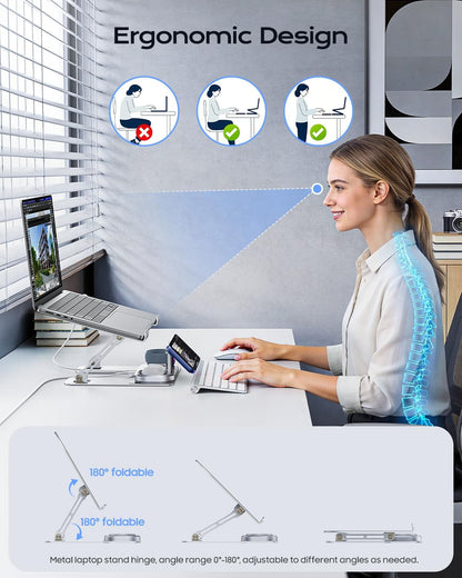 Laptop Stand with Wireless Charging Station Base, Foldable Aluminum Macbook Holder with Magsafe Charger for Iphone/Iwatch/Airpods, 30W USB-C Wired Charging for Laptop/Ipad, with 65W Adapter