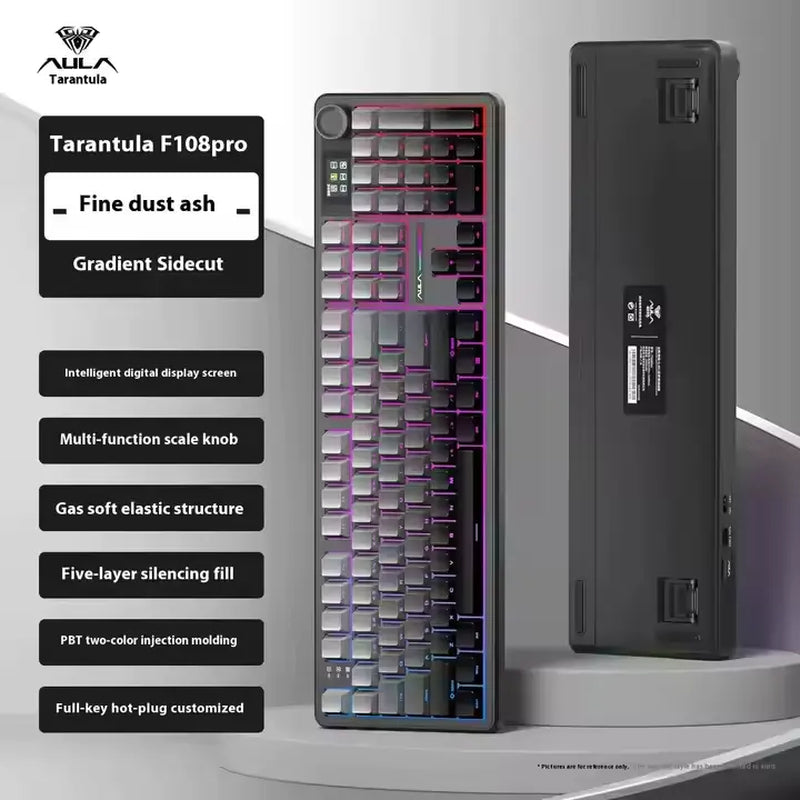 New AULA F108 Pro Tri Mode Wireless Mechanical Gaming Keyboard Hot Swappable RGB Backlit Smart Screen and Knob Full Size with Num Pad USB C BT 2.4G for E Sports and Office Use