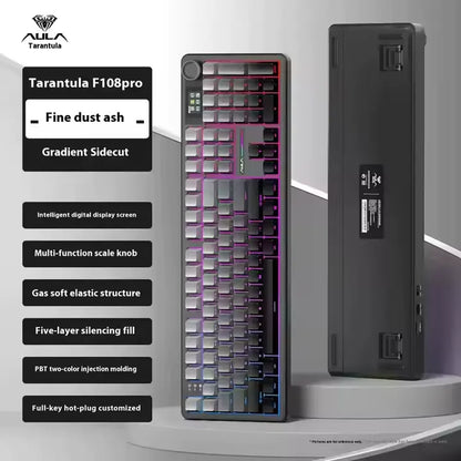 New AULA F108 Pro Tri Mode Wireless Mechanical Gaming Keyboard Hot Swappable RGB Backlit Smart Screen and Knob Full Size with Num Pad USB C BT 2.4G for E Sports and Office Use