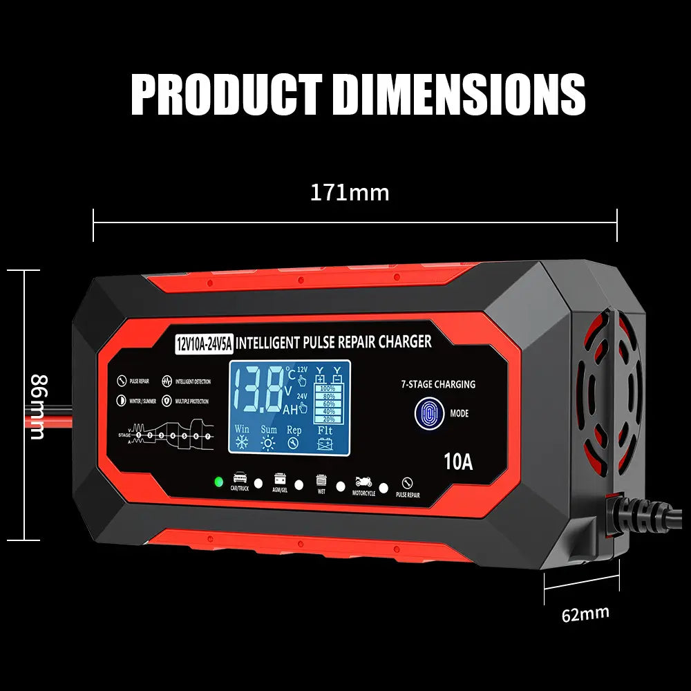 12V 10A-24V 5A Full Auto Fast Car Battery Charger - Intelligent Pulse Repair Replenisher with LCD Screen, Multifunctional for Cars, Trucks, Marine Batteries