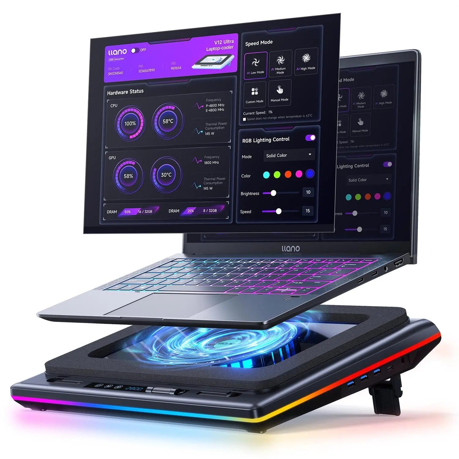 Dealsforyoudays Llano V12 Ultra Laptop Cooling Pad with Smart Software Control, RGB Gaming Laptop Fan Cooler Stand, 5.5" Turbo Fan, Adjustable Speed, 3*USB 3.0 Ports, 3 Height Stands, for 15.6"-21" Laptops Tiktokshopbacktoschool