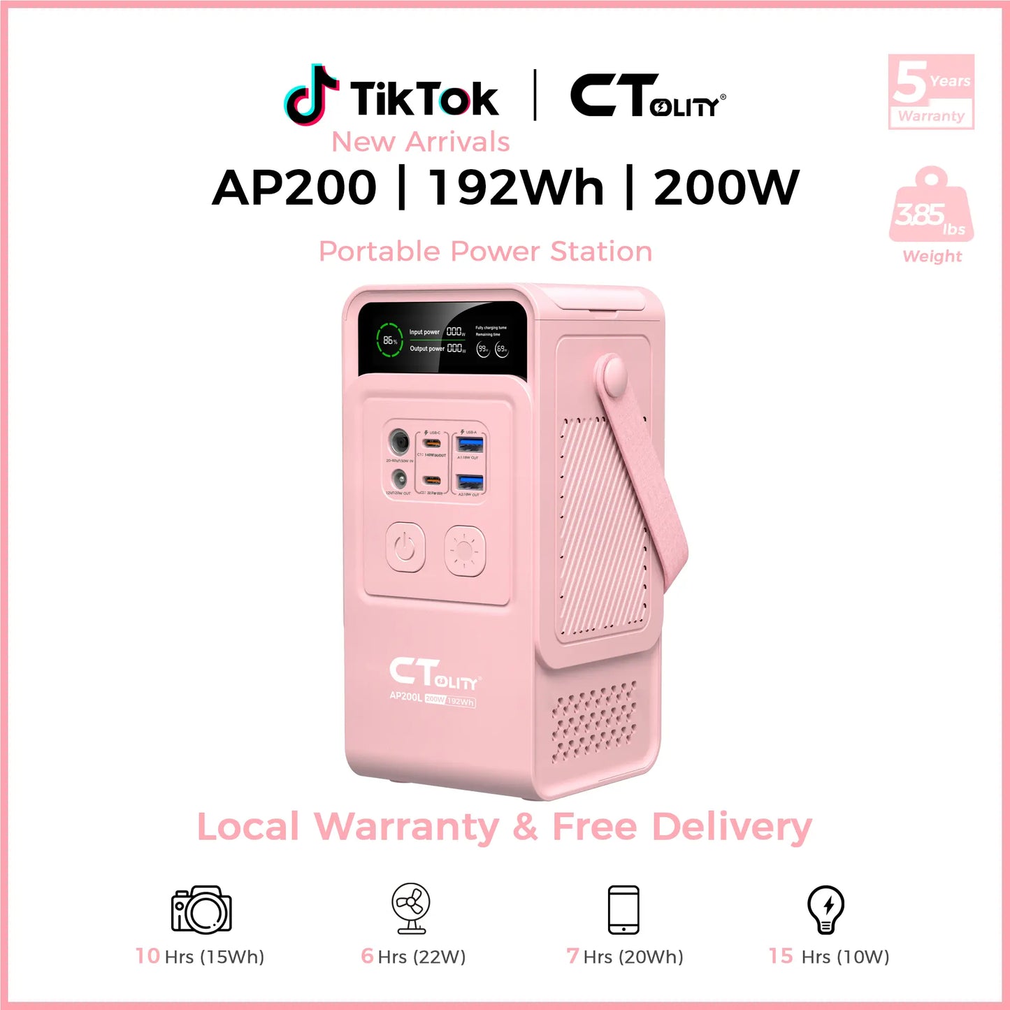 [Tiktokshopbacktoschool]Ctolity AP200 Portable Power Bank 192Wh 200W Lifepo4 Battery 4000+ Cycle 140W Fast Charging LED DC Solar 150W, Accessories, Mobile