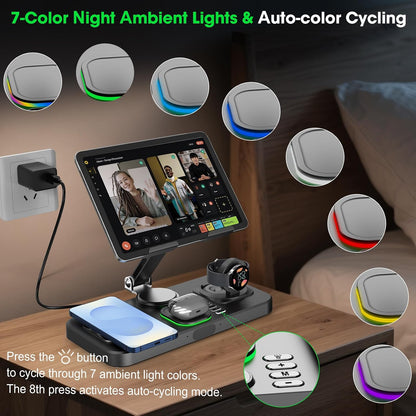 30W Tablet Wireless Charger for Samsung, Foldable Android Charging Station with Clock Display with 7-Color Light, Wireless Watch Charger for S25, Only Compatible Samsung Watch, Galaxy Buds3 Pro(Black)