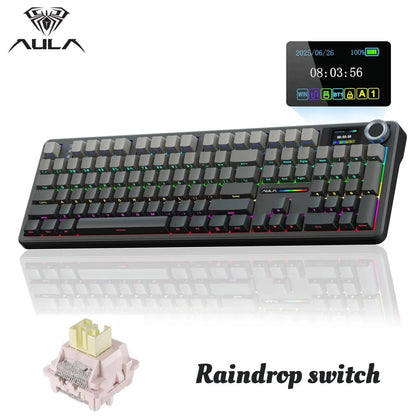 New AULA F108 Pro Tri Mode Wireless Mechanical Gaming Keyboard Hot Swappable RGB Backlit Smart Screen and Knob Full Size with Num Pad USB C BT 2.4G for E Sports and Office Use