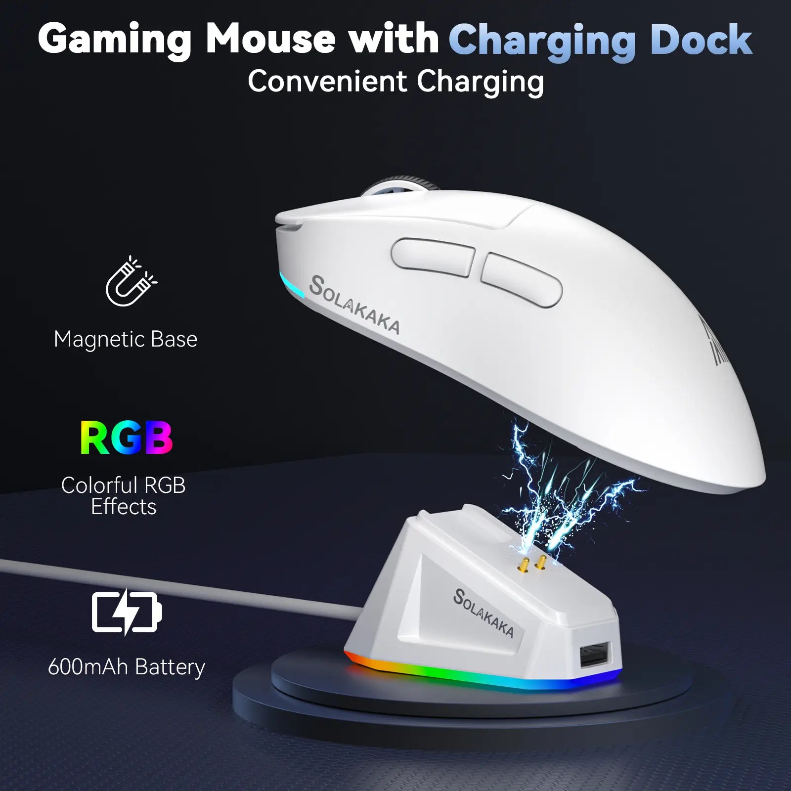 SOLAKAKA SM822 Tri-Mode Cable-Free Gaming Mouse with RGB Magnetic Rechargeable Base, 24000 DPI PAW3311 Sensor, 62G Ultra-Lightweight Tapered Waist Ergonomic Design, Customizable RGB Lighting, Programmable Buttons, Built-In Battery for PC Gamers, Tapered W
