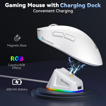 SOLAKAKA SM822 Tri-Mode Cable-Free Gaming Mouse with RGB Magnetic Rechargeable Base, 24000 DPI PAW3311 Sensor, 62G Ultra-Lightweight Tapered Waist Ergonomic Design, Customizable RGB Lighting, Programmable Buttons, Built-In Battery for PC Gamers, Tapered W