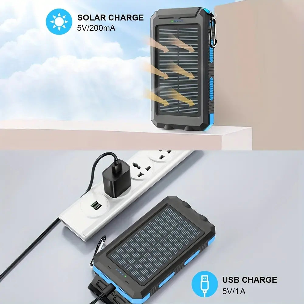 10000Mah Compact Durable Solar Power Bank - Handy Digital Device Accessories, Multi-Use Portable Charger with Dual USB-A Outputs, Flashlight, Compass, Carabiner, Waterproof Tools and Gadgets for Outdoor Activities, Android Phones