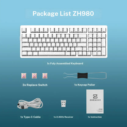 ZORNHER ZH980 95% Wireless Bluetooth Mechanical Gaming Keyboard, Black, Hot Swappable, Clicky, RGB Backlit, 2.4Ghz/Usb-C/Bt5.0, IMD Technology, Computer Peripherals, Gaming Items, Father'S Day Gift Idea, Back to School Shopping