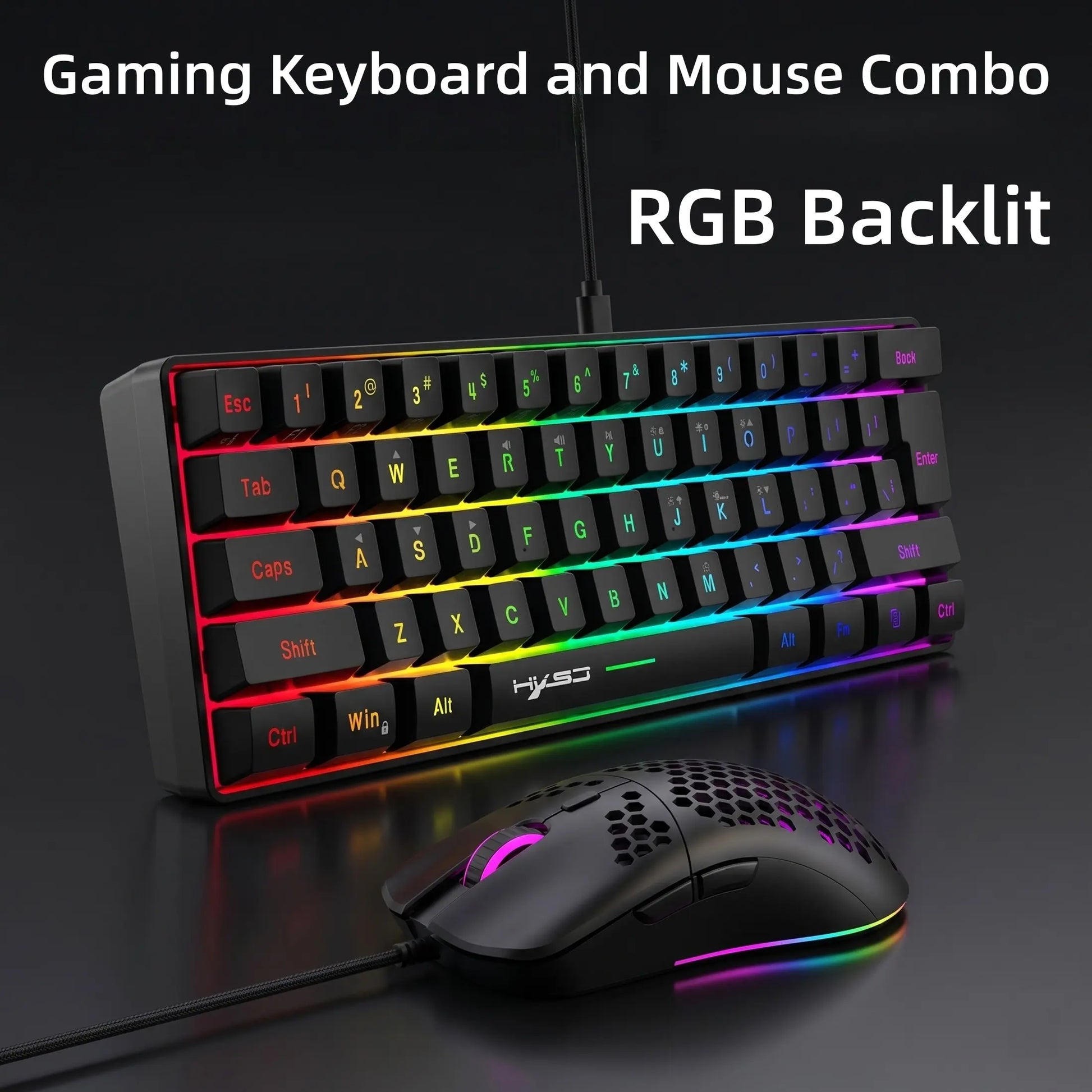 Gaming Keyboard and Mouse Combo, Gaming PC Accessories, 61 Keys, Compact RGB Wired Keyboard Mouse, Ergonomic Design, Compatible with Ps4, Xbox, PC, Laptop, MAC, Mini